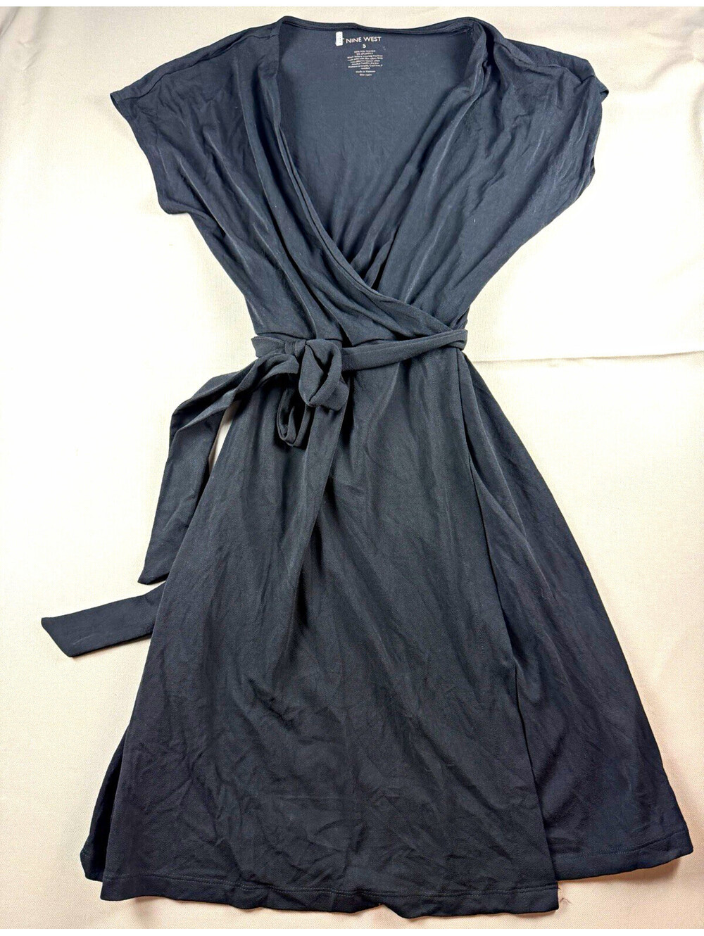 Nine West Black Solid Knit Wrap V-Neck Tie Waist Stretch Knee Dress S